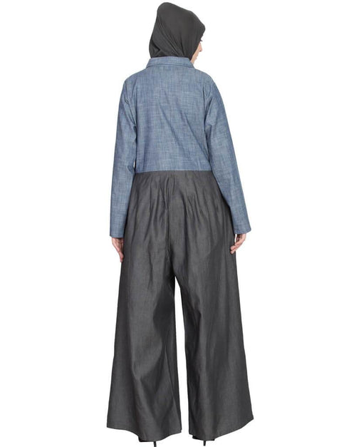 Chic Denim Pant chambray shirt front open pant Abaya Blue