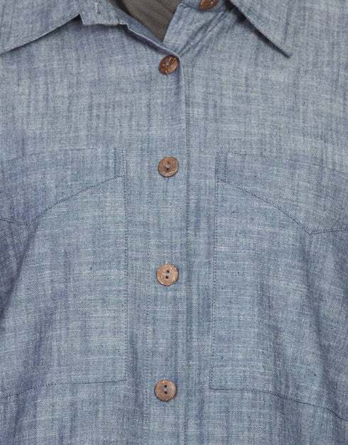 Chic Denim Pant chambray shirt front open pant Abaya Blue