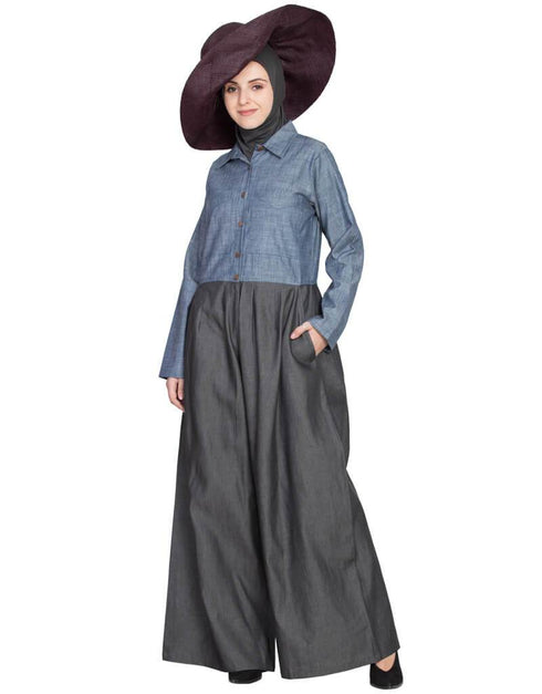 Chic Denim Pant chambray shirt front open pant Abaya Blue