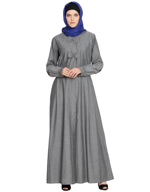 Modern Pin tuck and Bow Front open Denim Grey Jilbab Grey