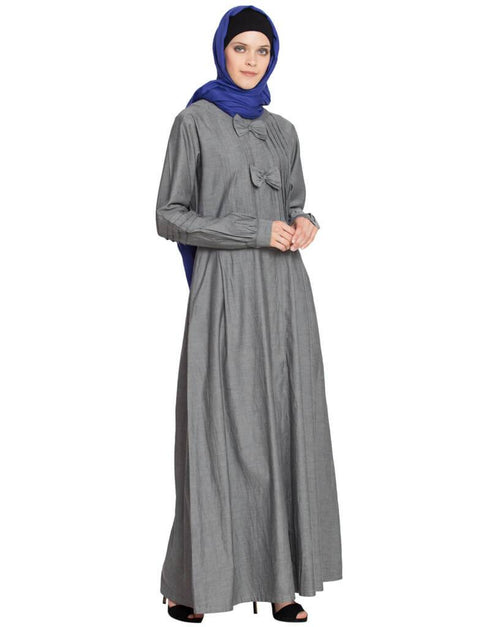 Modern Pin tuck and Bow Front open Denim Grey Jilbab Grey