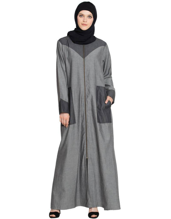 Dubai Contrast Yoke pocket cuff Grey Black Denim Jilbab Grey