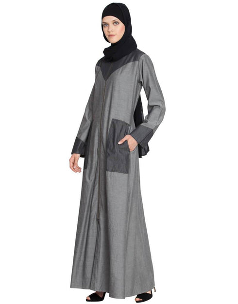 Dubai Contrast Yoke pocket cuff Grey Black Denim Jilbab Grey