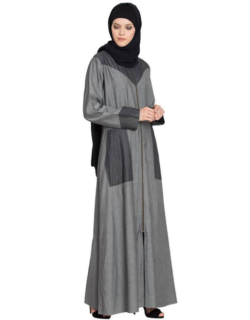 Dubai Contrast Yoke pocket cuff Grey Black Denim Jilbab Grey