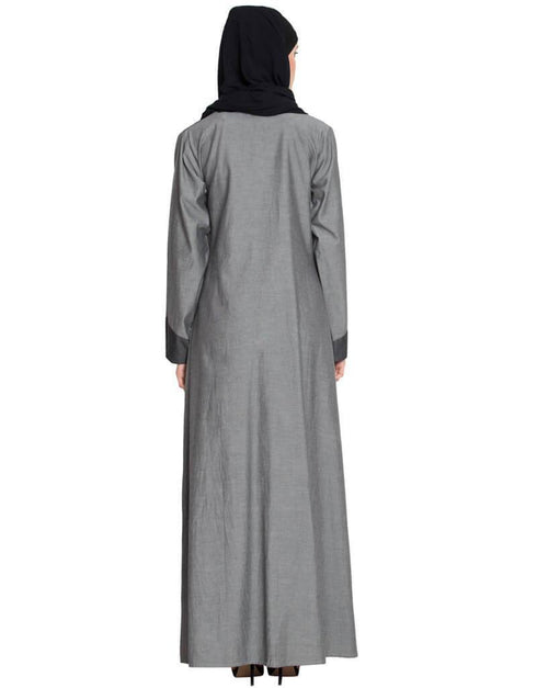 Dubai Contrast Yoke pocket cuff Grey Black Denim Jilbab Grey
