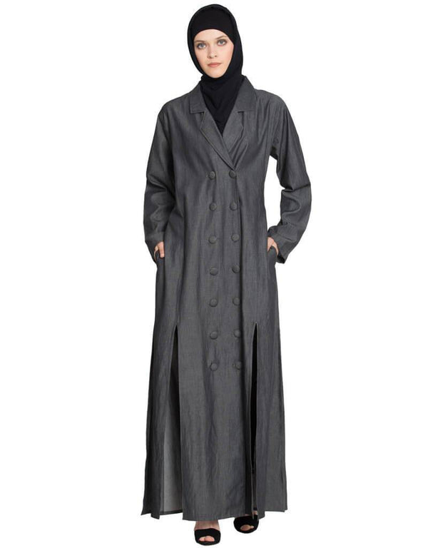 Muslimah  double breasted Front two Slit  Denim front open Jilbab Blue