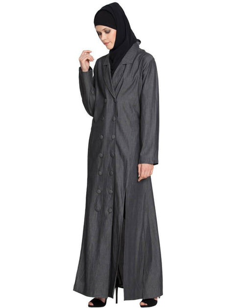 Muslimah double breasted Front two Slit Denim front open Jilbab Blue