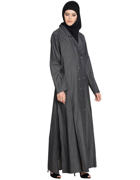 Muslimah double breasted Front two Slit Denim front open Jilbab Blue