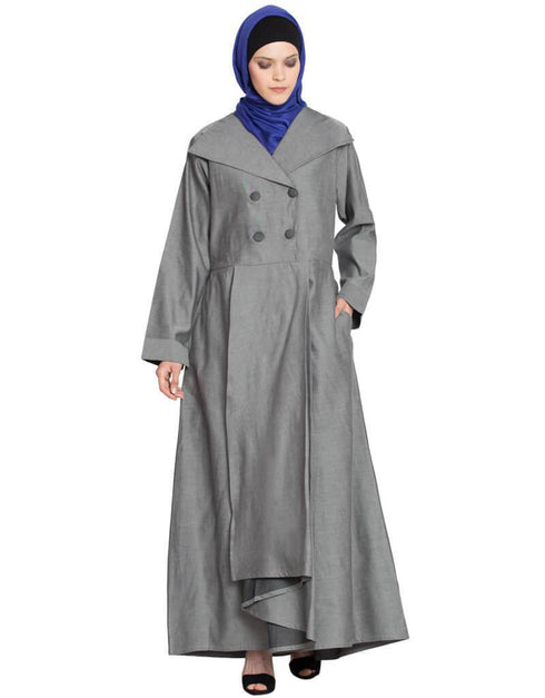 Chic double Breasted Pleated Coat Abaya Grey