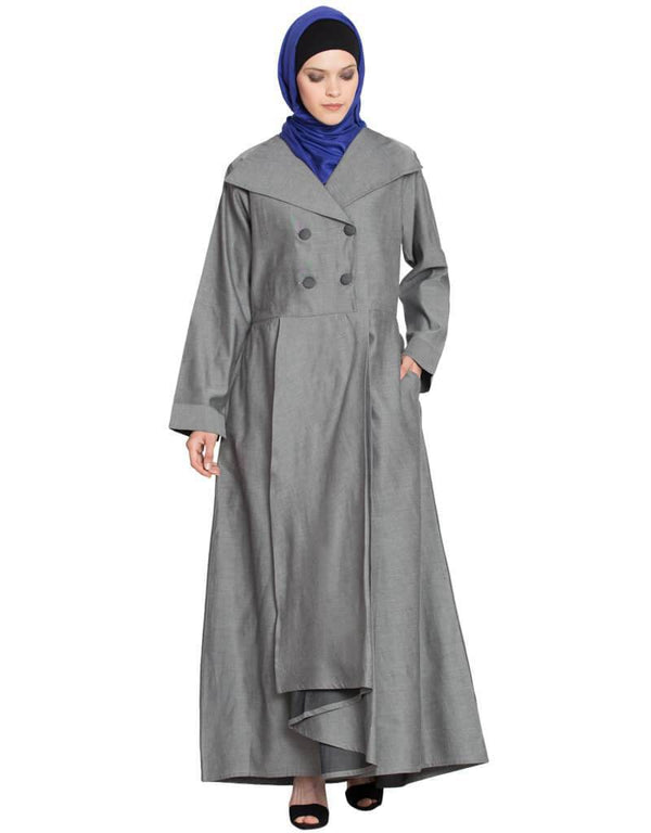 Chic double Breasted Pleated Coat Abaya Grey