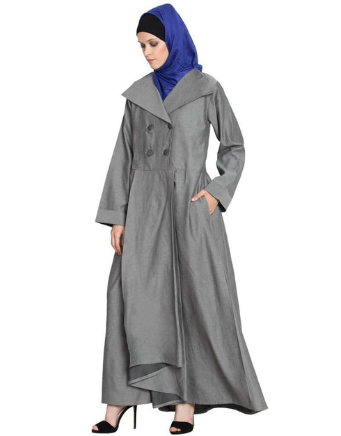 Chic double Breasted Pleated Coat Abaya Grey