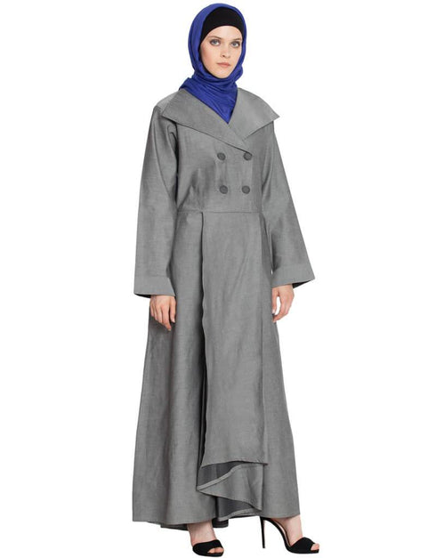 Chic double Breasted Pleated Coat Abaya Grey