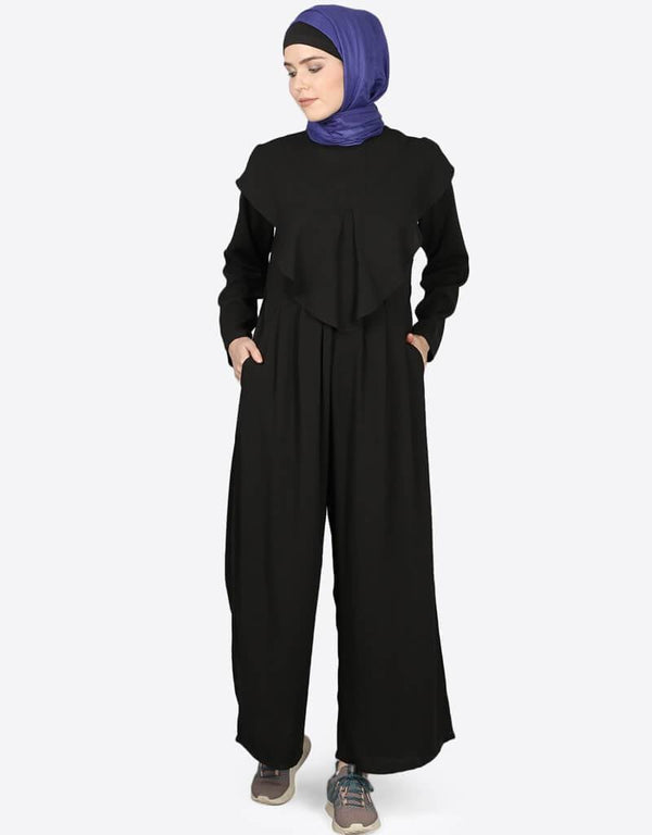Modest Frill at front Pant Abaya Black
