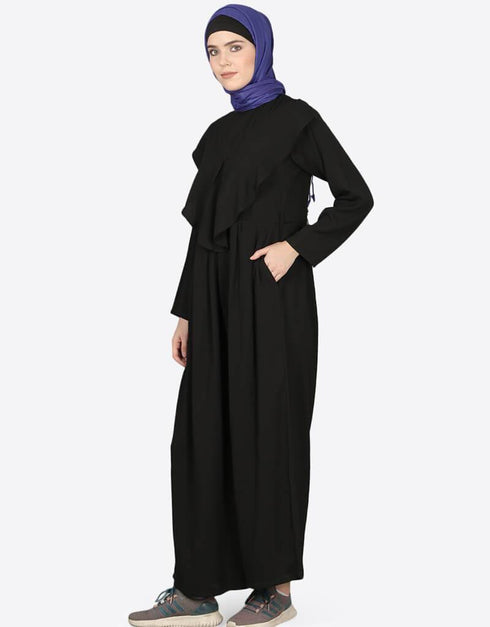 Modest Frill at front Pant Abaya Black