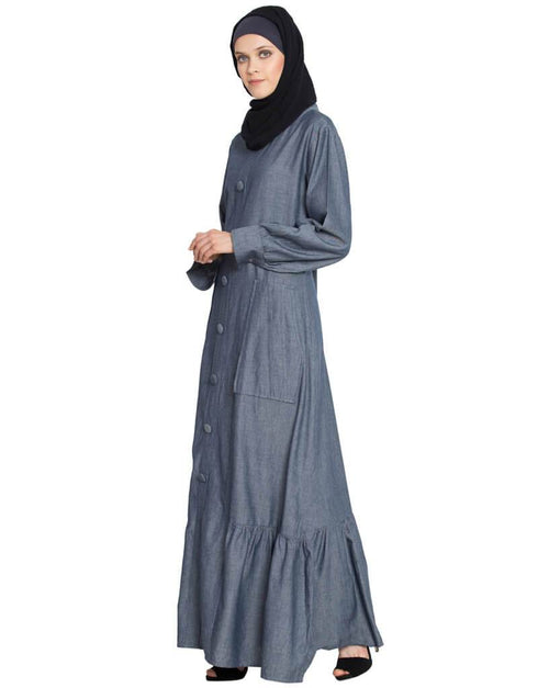 Women Frill at Bottom patch pocket A line Abaya Blue