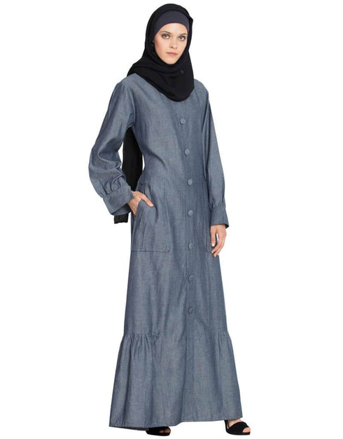 Women Frill at Bottom patch pocket A line Abaya Blue