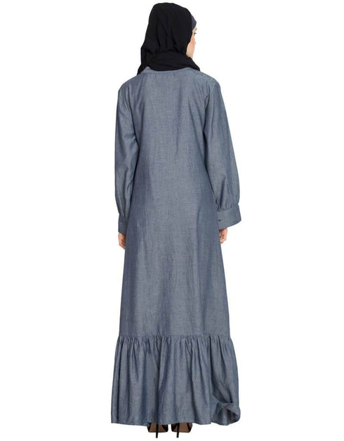 Women Frill at Bottom patch pocket A line Abaya Blue