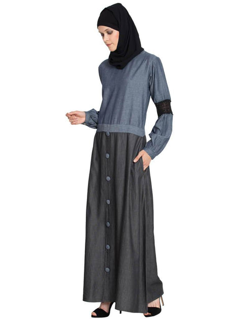 Muslimah Denim Skirt Chambray top lace casual Abaya Blue