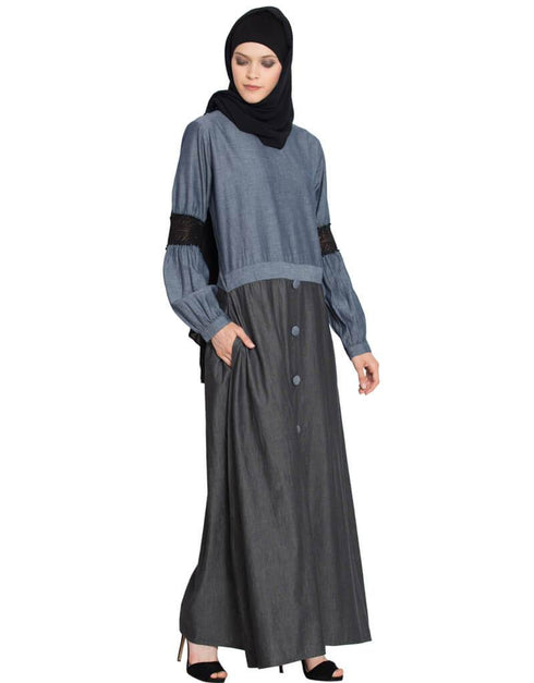 Muslimah Denim Skirt Chambray top lace casual Abaya Blue