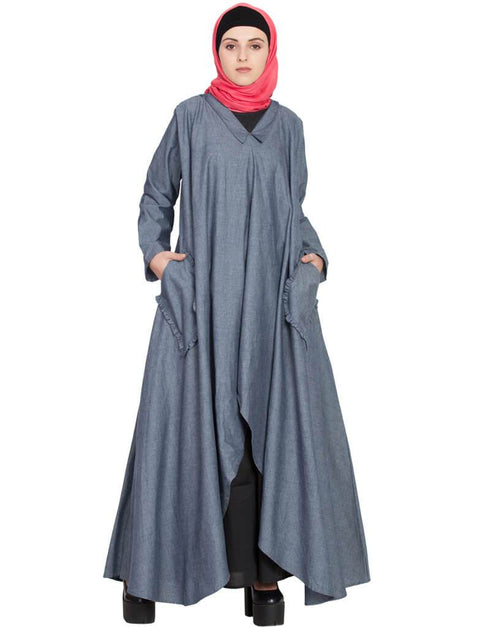 Chic two piece frilled pocket Abaya Blue