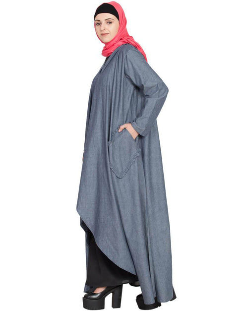 Chic two piece frilled pocket Abaya Blue