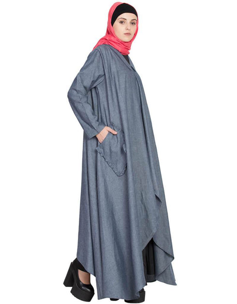 Chic two piece frilled pocket Abaya Blue