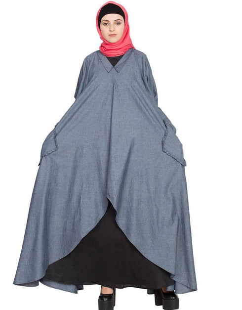 Chic two piece frilled pocket Abaya Blue