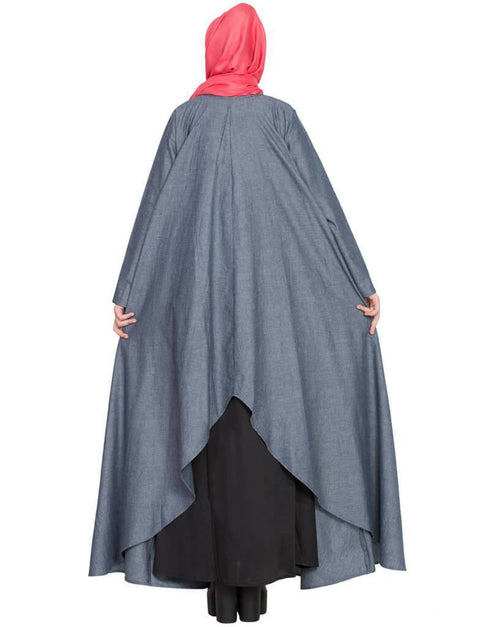 Chic two piece frilled pocket Abaya Blue