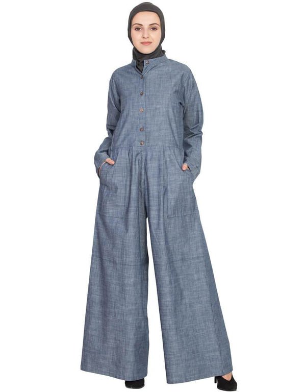 Muslim cotton chambray patch pocket pant Abaya Blue
