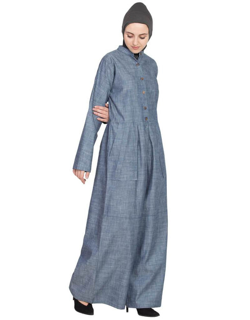 Muslim cotton chambray patch pocket pant Abaya Blue