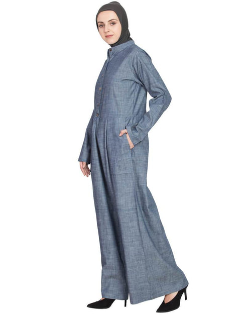 Muslim cotton chambray patch pocket pant Abaya Blue