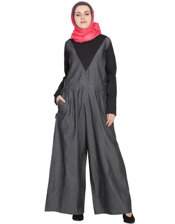 Islamic Denim and Jersey Jumpsuit Abaya Black
