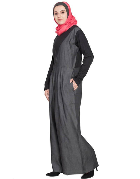 Islamic Denim and Jersey Jumpsuit Abaya Black