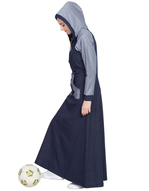 Muslimah Contrast Sleeve pocket hood Jersey Travel Abaya Blue
