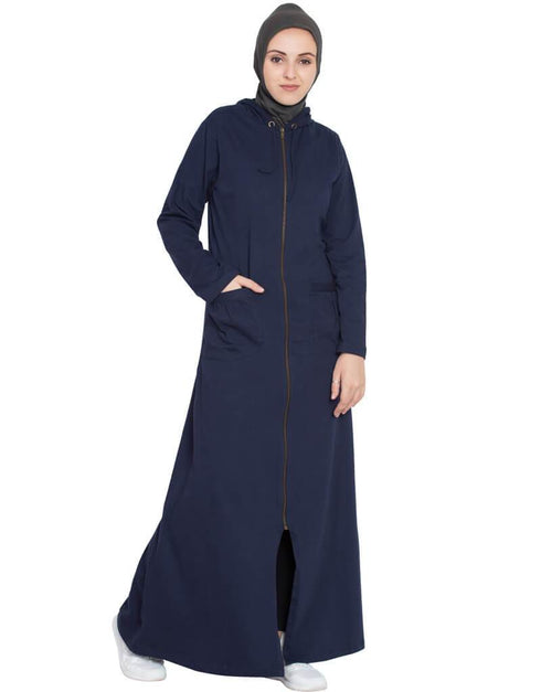 Chic front open patch pocket hood travel Abaya Blue