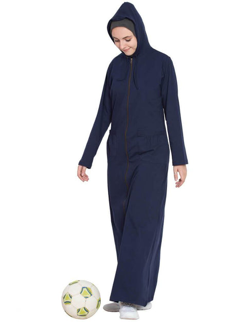 Chic front open patch pocket hood travel Abaya Blue