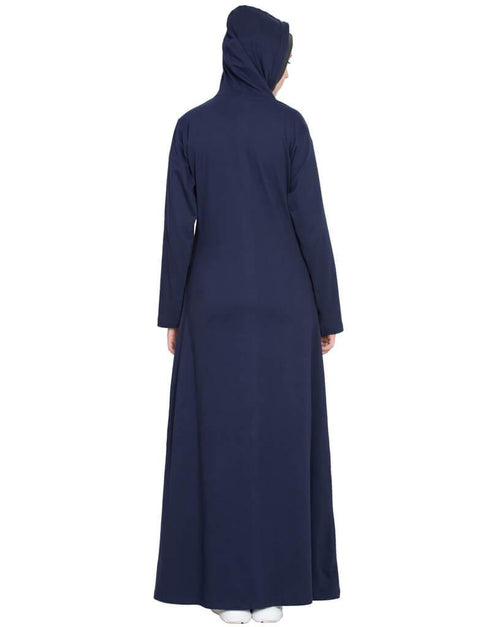 Chic front open patch pocket hood travel Abaya Blue