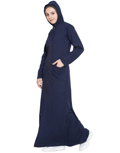 Chic front open patch pocket hood travel Abaya Blue