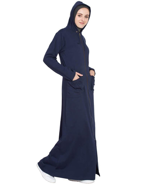 Chic front open patch pocket hood travel Abaya Blue