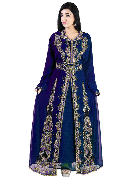 Chic Blue Georgette Hand Pearl Work Moroccan kaftan