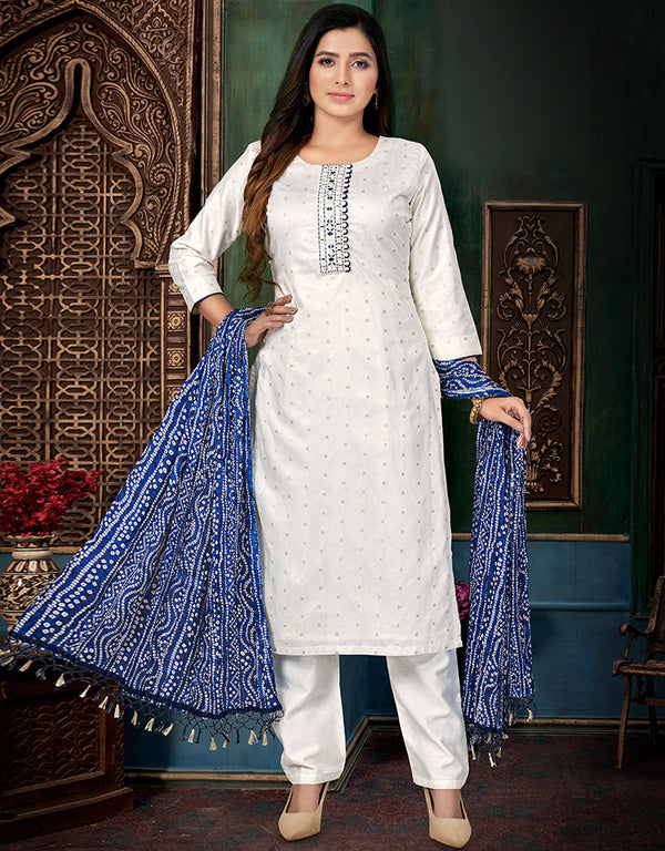 Designer Party Wear Readymade Salwar Suit White Chanderi Silk Pant Straight Front View