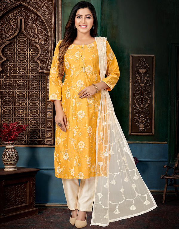 Designer Party Wear Readymade Salwar Suit Lemon Printed Chanderi Silk Pant Straight Front View