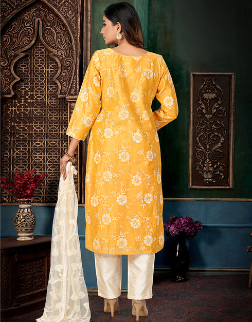 Designer Party Wear Readymade Salwar Suit Lemon Printed Chanderi Silk Pant Straight Close-up View