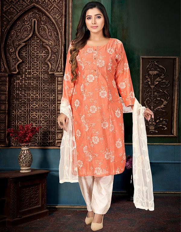 Designer Party Wear Readymade Salwar Suit Peach Printed Chanderi Silk Pant Straight Front View