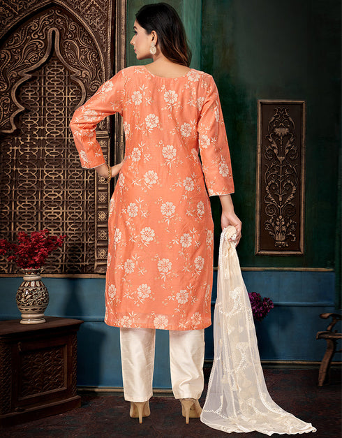 Designer Party Wear Readymade Salwar Suit Peach Printed Chanderi Silk Pant Straight Close-up View