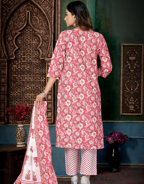 Designer Party Wear Readymade Salwar Suit Pink Printed Cotton Pant Straight Close-up View