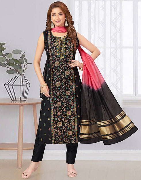 Designer Party Wear Readymade Salwar Suit Black Chanderi Silk Pant Straight Front View