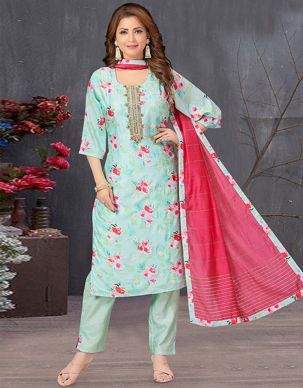 Designer Party Wear Readymade Salwar Suit Sky Blue Soft Printed Silk Pant Straight Front View