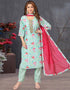 Designer Party Wear Readymade Salwar Suit Sky Blue Soft Printed Silk Pant Straight Front View
