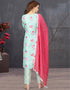 Designer Party Wear Readymade Salwar Suit Sky Blue Soft Printed Silk Pant Straight Close-up View